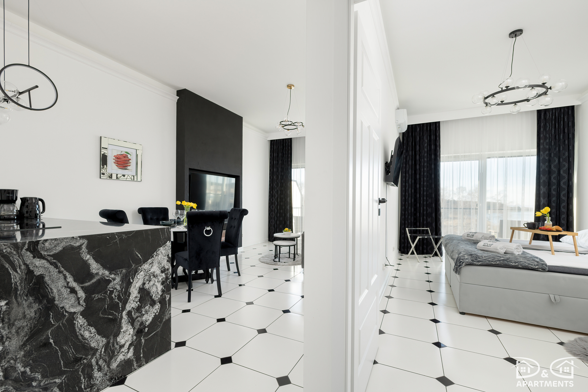 Kuchnia, salon i sypialnia apartamentu Dziwnów Spadochroniarzy Polskich 10 D